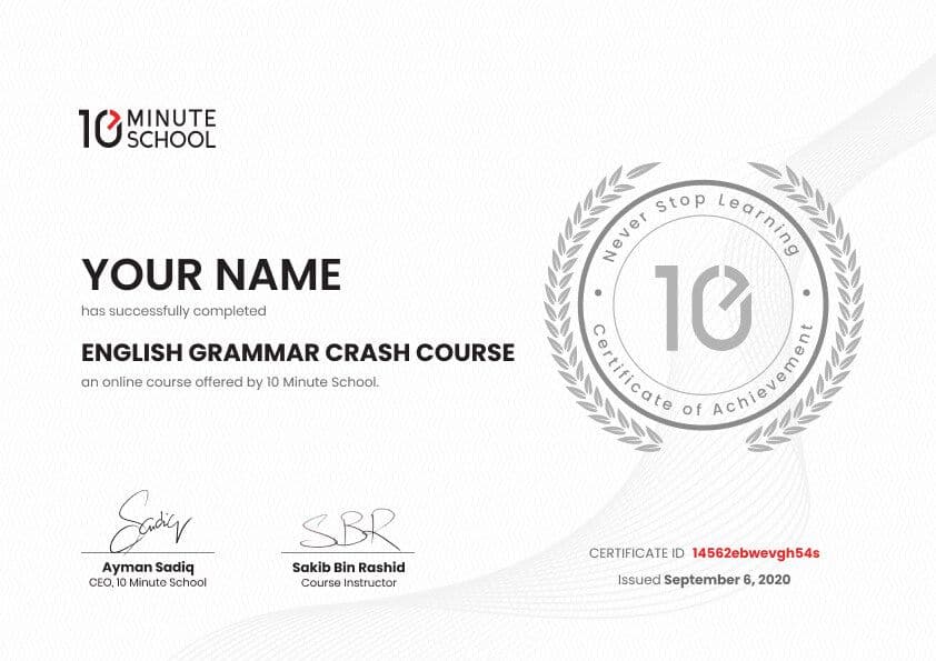 Certificate for English Grammar Crash Course